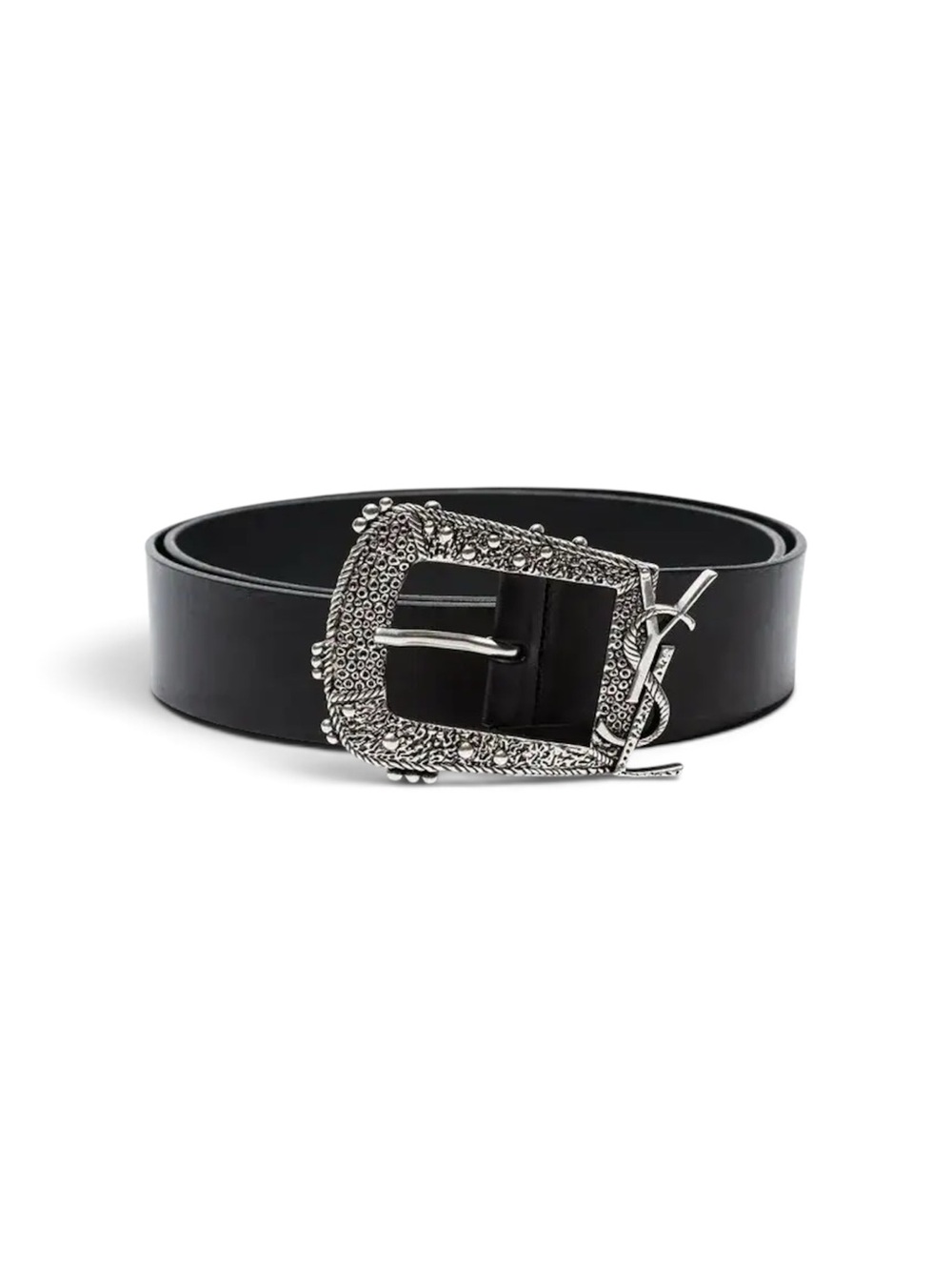 Saint Laurent Cheyenne Western Leather Belt Black YSL Silver Buckle 100 CM